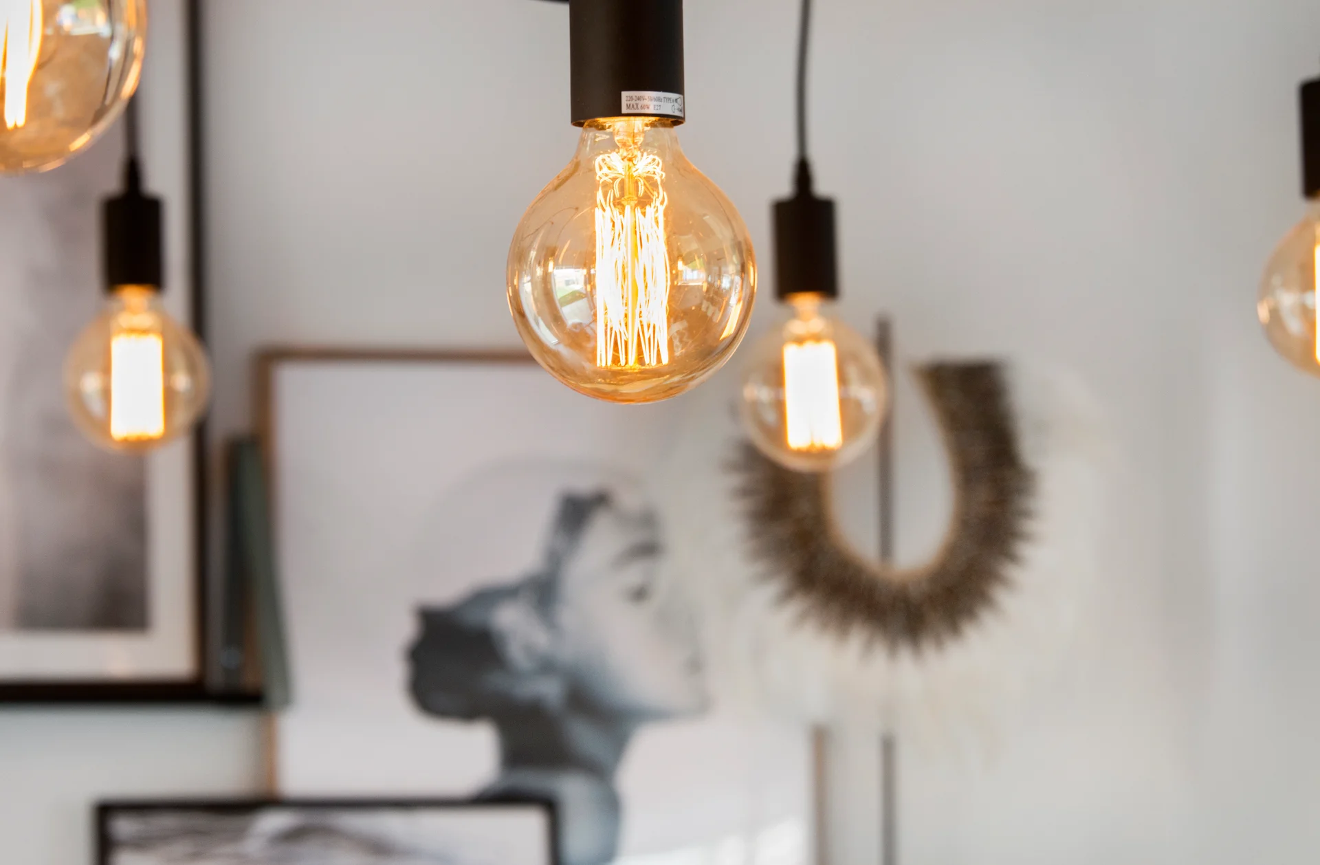 Hanging Edison-style light bulbs with a blurred background featuring a woman’s portrait and decorative art.