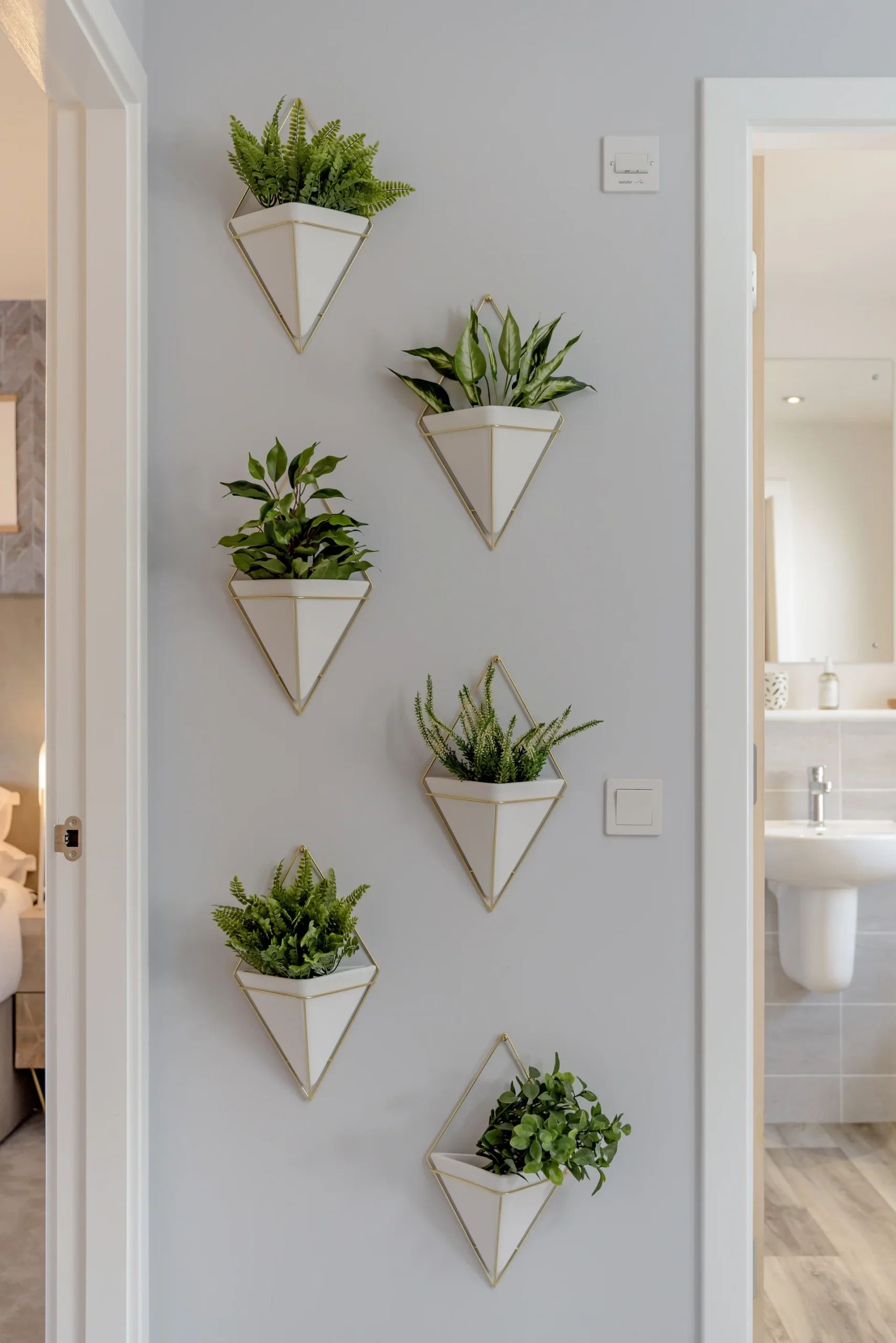 Six triangular white planters mounted on a gray wall, each containing various green plants.