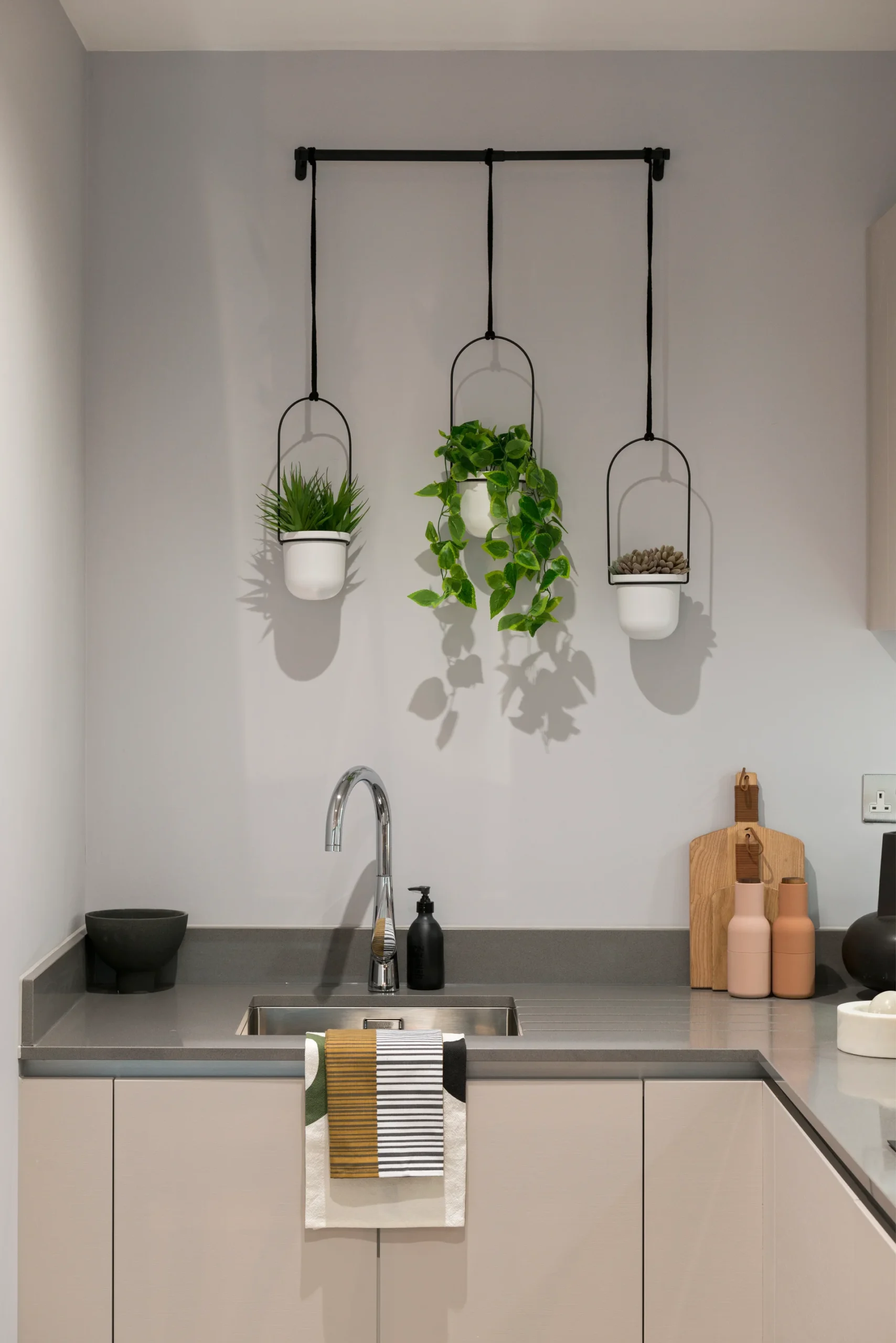 Modern kitchen with a sink, colorful plant pots on a wall-mounted rack, and kitchen accessories arranged on the counter.